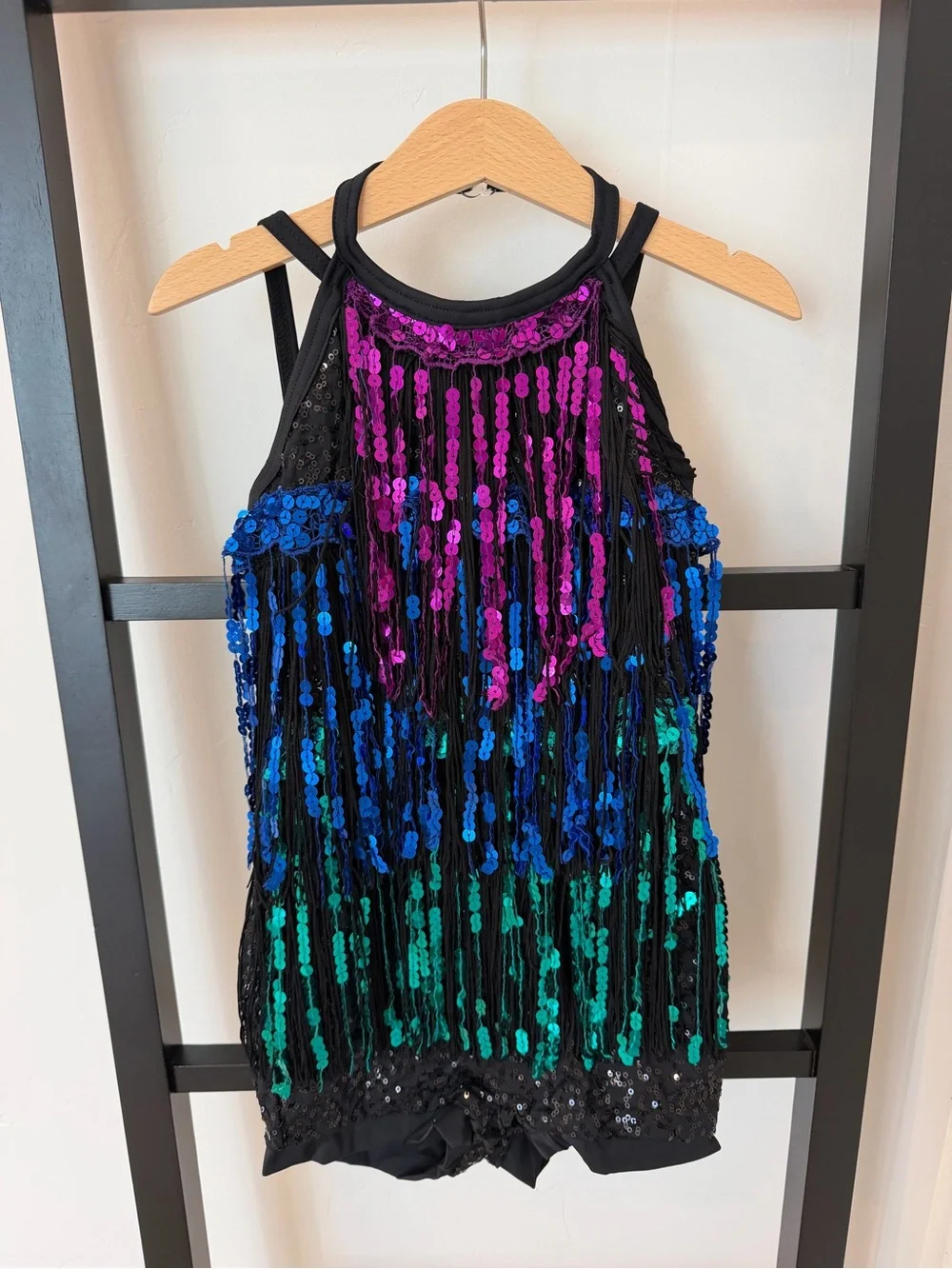 Weissman Black Dance Costume with Pink, Blue & Green Sequin Fringe